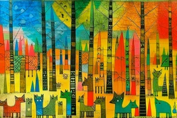 A multicolored woods with piercing eyed wolves painted by Paul Klee