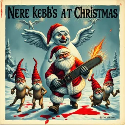 there is no kebabs at christmas, evil Santa, evil naked gnomes running around, staring flaming eyes, evil naked Rudolf, very big evil melting angry Frosty the snowman in background, 1940 christmas postcard, blood stains, Flying angels, Santa holding a chainsaw, fireworks, Tim burton style