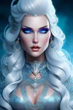 Full body de hermosa y malvada reina del hielo, pelo blanco, ojos azules luminosos, vestimenta intrincada, hiperdetallada, calidad ultra, increíble obra de arte