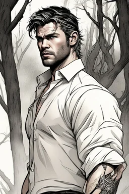 Portait young chris hemsworth as fantasy alpha werewolf in human form very muscular short cropped black hair and stubble on chin, tribal tattoos wearing white button up shirt with rolled up sleeves realistic face, close-up, dark fantasy, fantasy forest, intricate details, hyper detailed, photograph