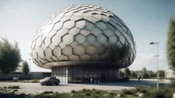 edificio diseñado con Esfera ,de material principal a base de Panel prefabricado de hormigón, fondo natural neutro con alguna persona, animal o vehículo