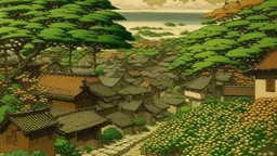A brownish bronze Irish town with clovers painted by Katsushika Hokusai