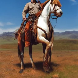 cowboy sitting around brush with pinto horse behind him, rifle held across knees, 8k, high-quality, ultra-fine detail, Brian Froud, Howard Lyon, Anna Dittman, Anne Stokes, Selina French, Greg Rutowski