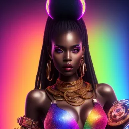 full body shot,princess, masterpiece, best quality, family of three, black skinned, sparkling eyes, fluorescent skin, colorful makeup, hip hop , highly detailed body, afrofuturism, scifi, sun light, 4K, RAW, depth of field, high contrast, realistic details, 24mm