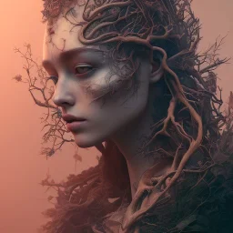 "full face tattoo of leaves and gnarled branches extending past face and morphing into reality, 8k resolution, high-quality, fine-detail, muted colors,intricate, digital art, detailed matte, volumetric lighting, illustration, octane render