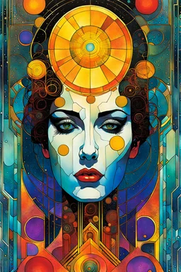 Create a chaotic abstract cubist Tarot Card depicting a post apocalyptic, The Empress , with highly detailed facial features, in the style of Bill Sienkiewicz, Philippe Druillet, Gustav Klimt, and Jean Giraud Moebius, precisely drawn, colored and inked