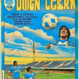 A 1980 medieval london comic cover of uruguayan sky-blue football magazine. At the street city, Monty Pyton. Estadio Centenario Montevideo.