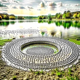 country side a calm lake ,a circular heavy plate with circle holes on it drops from distance in the lake water and splashes of water