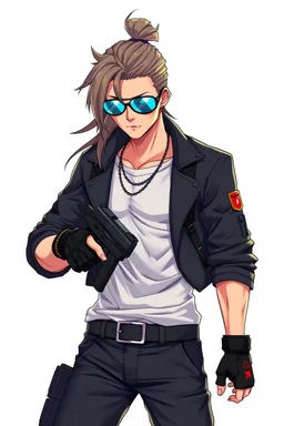 male cyberpunk solo with long hair tail, Norwegian, Wearing Leisureware and mirrored sunglasses, armed with heavy pistol, lean, nice, Anime Style, Retroanime, Video Game Character