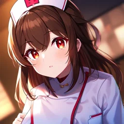 Clear focus, High resolution, Rough line, cute, anime style, big eyes, red eyes, sparkling eyes, brown hair, red eyes, thick eyelashes, wearing a nurse outfit