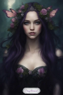 Purple long hair Dark Fairy princess queen crown no hand butterflies dragonflies fireflies flowers fairy wings