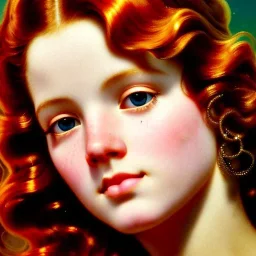 Hyperdetailed oil on canvas, young robyn lively by a lotus goldfish pond, detailed face, long muti-hued red curly hair; by gaspar camps, maxfield parrish, alphonse mucha, cyril rolando, dan mumford; luminous colorful sparkles, glitter, airbrush, octane render, volumetric lighting, 16k