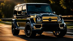 A (((G-Wagon mustang))) featuring a luxurious interior, advanced technologies, and a sleek body kit designed by MANSORY, front cinematic view on road in morning, ((((desktop wallpaper))))