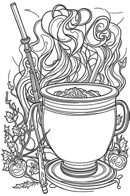 Outline art for coloring page, A JOINT WITH WHISPS OF SMOKE NEXT TO A JAPANESE CHAWAN TEACUP, coloring page, white background, Sketch style, only use outline, clean line art, white background, no shadows, no shading, no color, clear