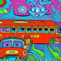 psychedelic bus by jim woodring in cartoon style