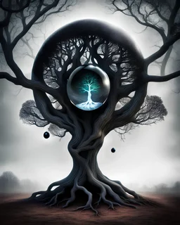 Tree with a Black Crystal Ball in it. The Tree is Humanoid in structure.