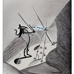 hand drawn in single line by Nicolai Blatter with hatch with parallel wavy lines metal engraving representing the Adventures of Don Quixote de la Mancha in bosch style or salvador dali style