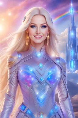 cosmic woman smile,beautiufos rainbow, admiral from the future, galactic confédération, fine whole face, crystalline skin, expressive blue eyes,rainbow, smiling lips, very nice smile, costume pleiadian, Beautiful tall woman pleiadian Galactic commander, ship, perfect datailed golden galactic suit, high rank, long blond hair, hand whit five perfect detailed finger, amazing big blue eyes, smilling mouth, high drfinition lips, cosmic happiness, bright colors, blue, pink, gold, jewels, realist,
