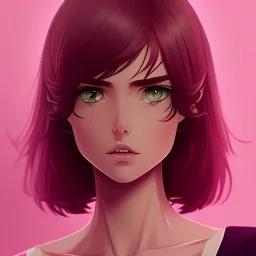 crystal clear blue eyes, and dark pink hair, dot eyebrows, woman, angry expression, pointy ears, long hair