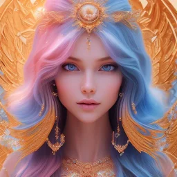 Flower angel, beautyful smiling young woman, long hair amazing blue eyes, happy cosmic, bright colors, blue, pink, gold, jewels, realistic, photo real, clear sunny background, highly detailed, high contrast, 8k high definition, unreal engine 5, extremely sharp detail, light effect, sunny light background