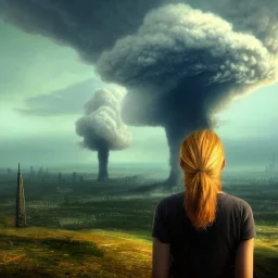 close view from behind of girl on hill watching massive nuclear mushroom cloud, destroyed city below, ultra-realistic, detailed matte, sharp, crisp, 3D octane render, 8k, high-quality, fine-detail, brian froud, howard lyon, selina french, anna dittmann, annie stokes, lisa parker, greg rutowski,