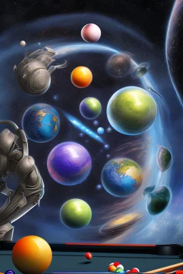 Aliens playing pool with the balls being planets. The main ball is planet earth