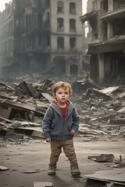 A hyper-realistic,A lone child stands in the middle of a destroyed city, their cries of despair echoing through the empty streets., full size ,Photo Real, HOF, full size, practicality,manufacturability,performance, (((realism, realistic, realphoto, photography, portrait, realistic, elegant, charming, , professional photographer, captured with professional DSLR camera, trending on Artstation, 64k, ultra detailed, ultra accurate detailed, bokeh lighting, surrealism, Thomas Kinkade backgroun