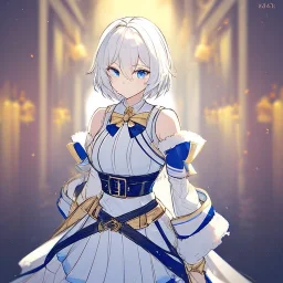 Clear focus, High resolution, rough line sketch art, short fluffy white hair, hair between eyes, fluffy hair, blue eyes, wearing a sleeveless shirt, wearing a a pleated skirt , detailed outfit, lots of details, bow on belt, white belt, white and blue everywhere on outfit, cut sleeve, yellow chains around outfit, concept art, arms folded, 1girl