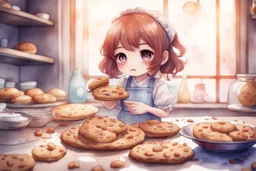 watercolor and ink, cute chibi anime sad girl baking cookies, ethereal, cinematic postprocessing, bokeh, dof