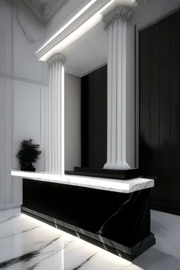 Museum reception desk with black walls, white floor, hidden or rich lighting, and the use of marble in the design