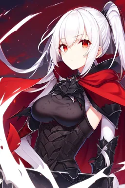 Vampire knight, long white hair, black full plate armor, red cape, cyan eyes