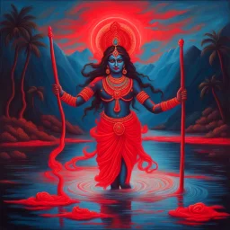 An oil painting of goddess Kali crossing a lake neon red colors