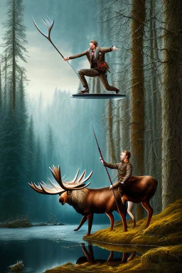 norwegian man hunting moose, 4k, trending art, weird perspective, mirrors, water, realism