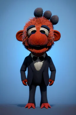 Waist up muppet Portrait, Vladimir Putin as muppet doll, Black suit, photo studio, blue background, unreal engine 5, concept art, art station, god lights, ray tracing, RTX, lumen lighting, ultra detail, volumetric lighting, 3d.