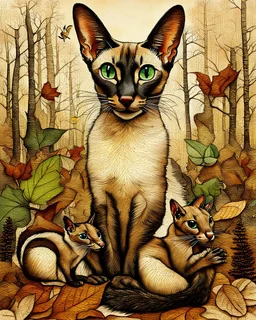 mixed-media picture of an autumn forest, a sitting up Oriental shorthair Siamese cat , with chipmunks and squirrels created in the style of Bohdan Pylypiv — combining pyrography with delicate watercolor accents. The main outlines and facial features are rendered with fine woodburned lines, rich in sepia, black, grey, green and brown tones and texture, pastel colors
