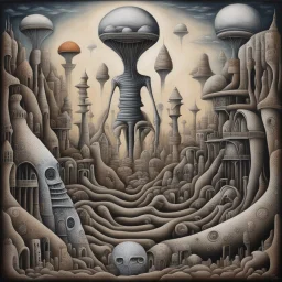 Quirky surreal dreamscape, by Phlegm, Afshar, pneumatic alien, abstract, acrylics