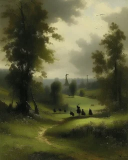 A black woods filled with windmills painted by George Inness