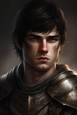 Ein Fantasy Porträt von einem jungen Krieger mit kurzen, dunklen Haaren und silbernen Augen. Er hat ein eckiges Gesicht und trägt Festkleidung