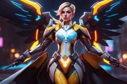 Mercy in 8k realistic cgi drawing style, overwatch them, close picture, rain, neon, intricate details, highly detailed, high details, detailed portrait, masterpiece,ultra detailed, ultra quality