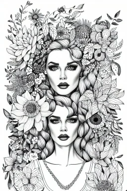 hyper detailed, black and white, thick line, coloring book illustration, lineart, stunningly beautiful woman in flowers