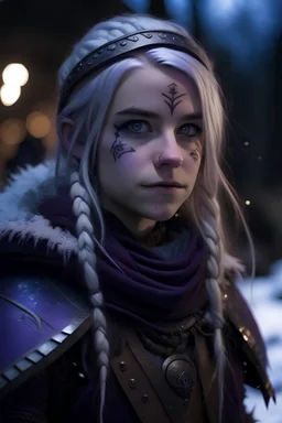 A beatiful young woman,she is 19 years old and she has white hair and extreme white skin, she has bright purple eyes. She is wearing a silver and dark purple colored viking style armor on her. She is also wearing an headband She is wielding two daggers on her hands. She is in a snowy village, It is night time, fantastical, detailed drawing