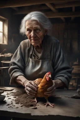 "A an old paints cracked dirty abandoned barn an old woman holding a chicken from the neck in one hand and holding a knife on the other hand on the table , , insanely detailed octane render trending on artstation, 8k artistic photography, photorealistic concept art, soft natural volumetric cinematic perfect light, chiaroscuro, award-winning photograph, masterpiece, oil on canvas, Raphael, Caravaggio, Greg Rutkowski, people, beksinski, Giger