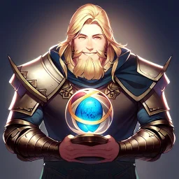 A nord male battlemage from Skyrim, full plate nordic armor, blond hair of medium length, hearty, smiling, thick short beard, an electric sphere in right arm, correct proportions