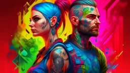 colorful background, drawing, woman, man hooligan punk, tattoo, high resolution, Artstation trends, fine details, 8K