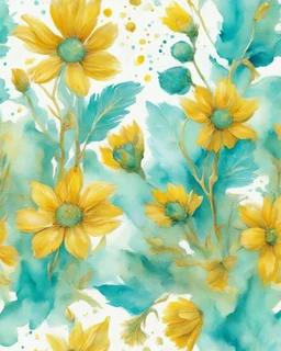 yellow , light green, turquoise and gold flower van Gough water color on white background