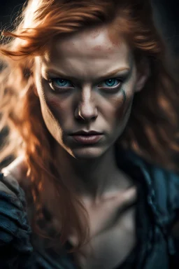 Portrait of a woman, light blue eyes, red blond hair, dirty, warrior angry, dark, shadows, delicate