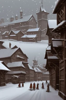 Une ville médiévale enneigée entouré d'une muraille en bois.