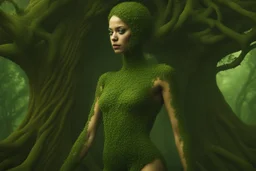 full body shot of a young, slim woman covered in a one-piece bodysuit made from tiny green filigree leaves, emerging from a tree, detailed matte painting, deep colour, fantastical, intricate detail