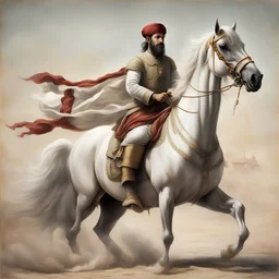 The Ottoman man adheres to the Ottoman customs and traditions and rides a purebred Arab horse, white in color. The horse’s hair is very soft and the ends of the horse’s hair are golden. Let him raise two flags, the Seljuk flag and the Ottoman flag, and his army behind him, so that they are going to conquer Jerusalem, so that there is no occupation army against them., undefined, Modernism, Acrylic, Unreal Engine, Panoramic perspective, Made of Marble, DSLR Camera, Cinematic Lighting, Leonardo da