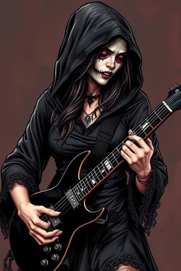 beautiful busty waif woman(wearing a wrinkled dark hoodie with wide sleeves trimmed with lace, skull face paint) playing a black electric guitar with scythe blade at top. heavy metal graphic novel